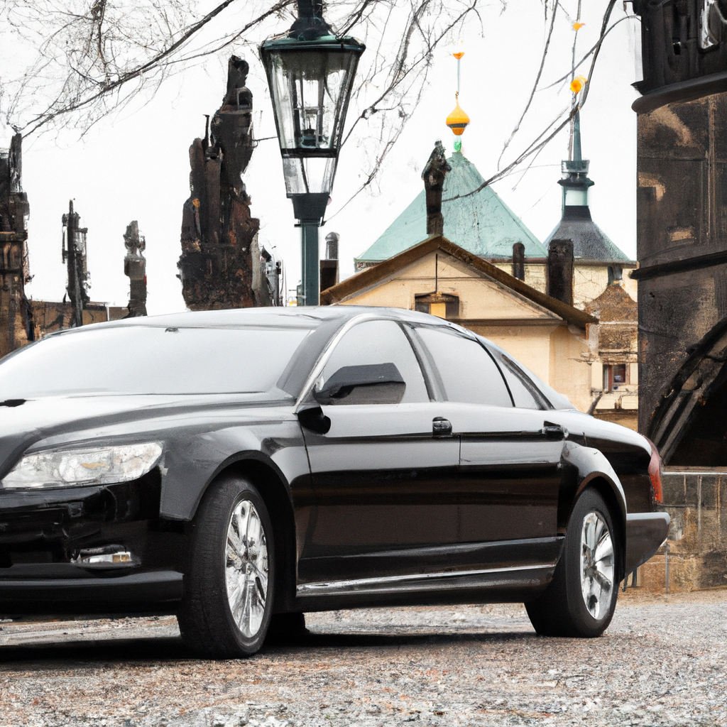 Elegant black sedan parked near Charles Bridge in Prague
