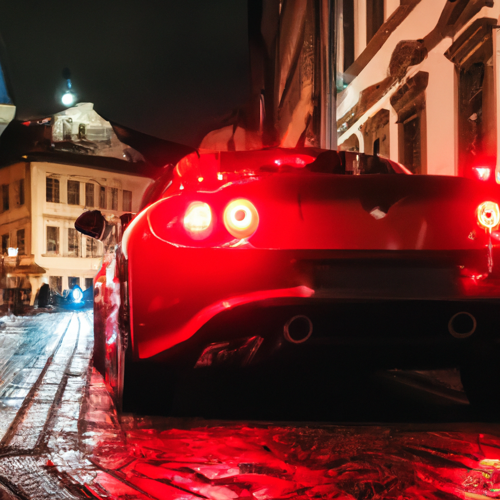 Luxury red sports car driving through Prague at night