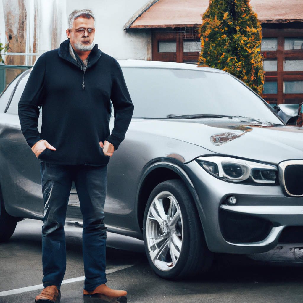 Middle aged man with beard standing near his car