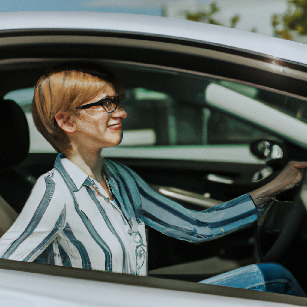 Young woman with short hair enjoying her new car